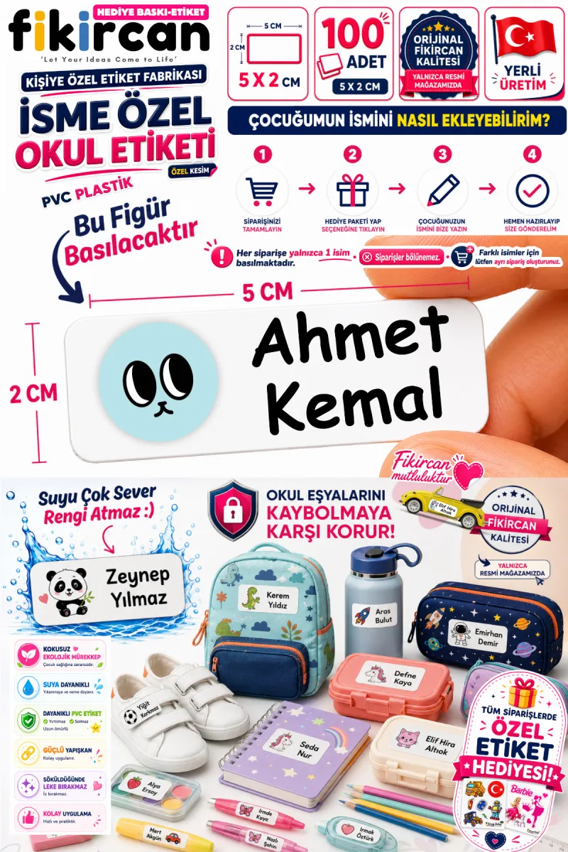 İsme Özel Okul Etiketi - 100 Adet - 5 x 2 cm - PVC Etiket - FİGÜR 35