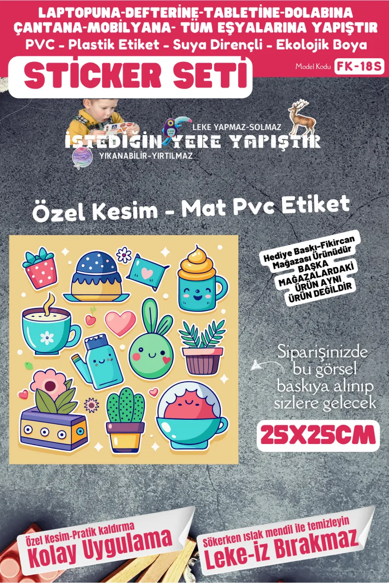 Fikircan Etiket Seti 25x25cm Pvc Sticker -Defter-Laptop-Tablet-Telefon-Dolap-Cam vb Her yere Yapışır — fotoğraf 1