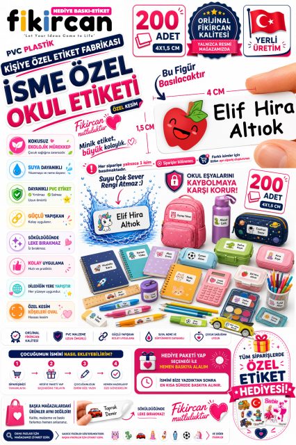 İsme Özel Okul Etiketi - 200 Adet - 1.5 x 4 cm - PVC Etiket - FİGÜR 115 1453260718210