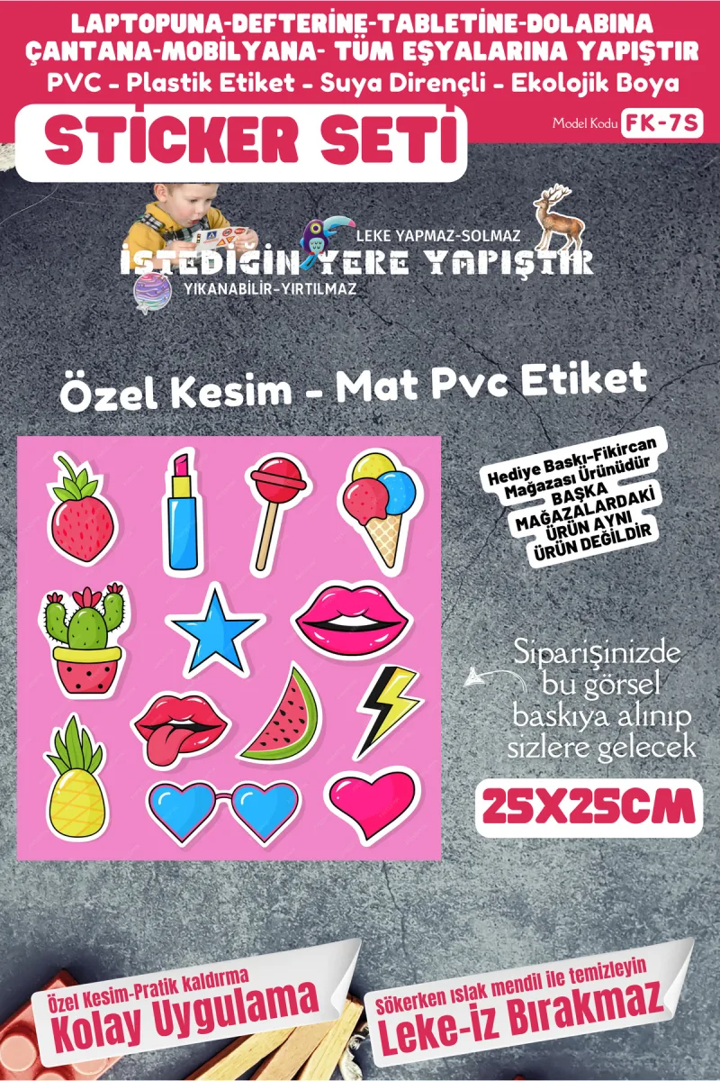 Fikircan Etiket Seti 25x25cm Pvc Sticker -Defter-Laptop-Tablet-Telefon-Dolap-Cam vb Her yere Yapışır — fotoğraf 1
