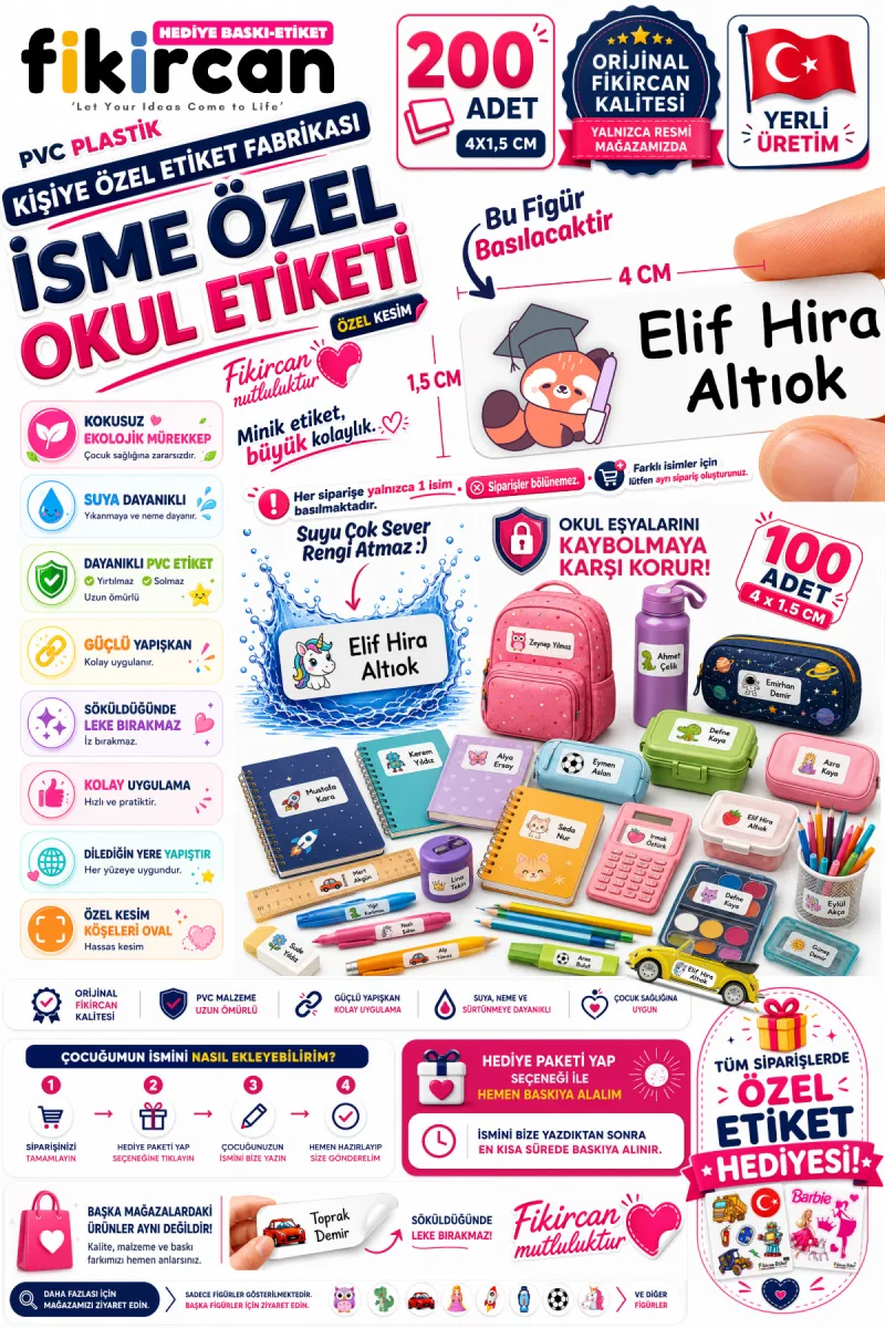 İsme Özel Okul Etiketi - 200 Adet - 1,5 x 4 cm - PVC Etiket - - FİGÜR 60 — fotoğraf 1