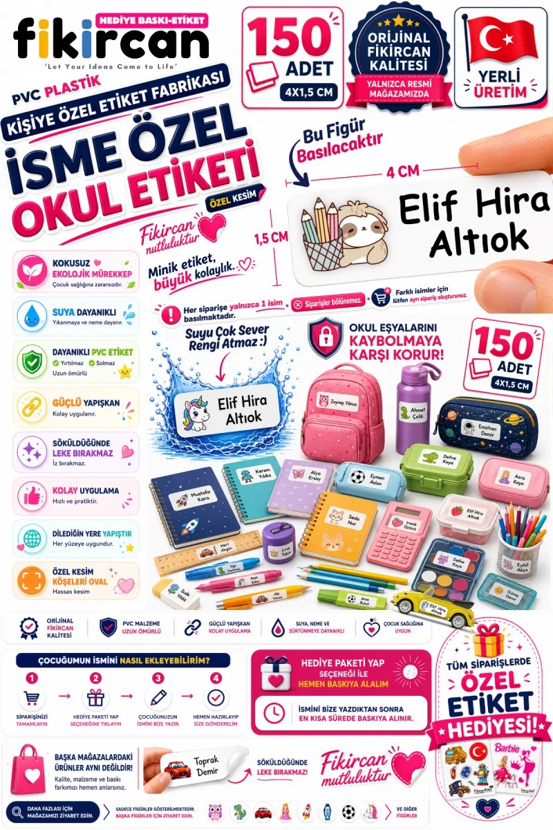 İsme Özel Okul Etiketi - 150 Adet - 1.5 x 4 cm - PVC Etiket - FİGÜR 68
