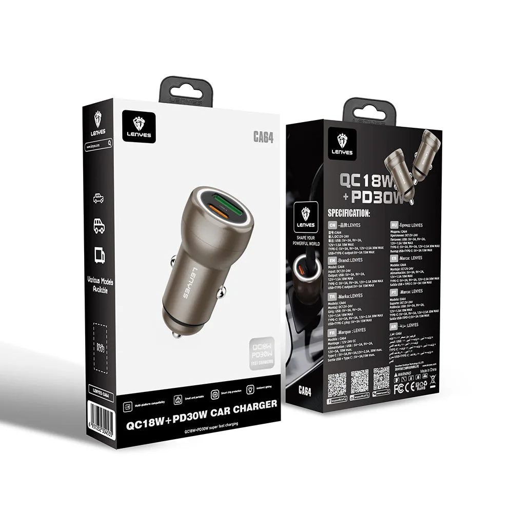Lenyes CA64 Dual USB-A + Type-C PD Araç Şarj Aleti 30W