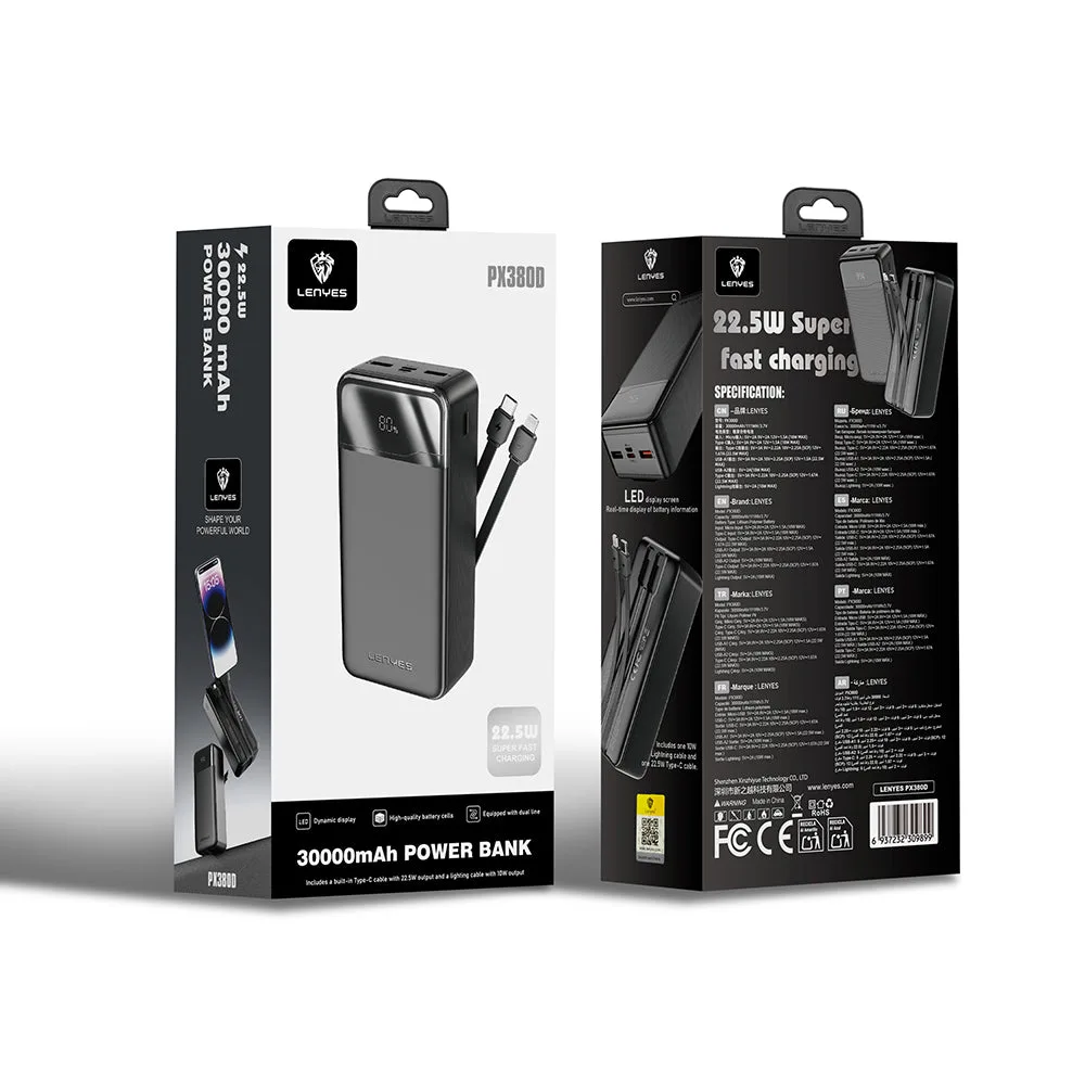 Lenyes PX380D Dijital LED Ekranlı Type-C ve Lightning Kablolu Powerbank 22.5W 30000mAh